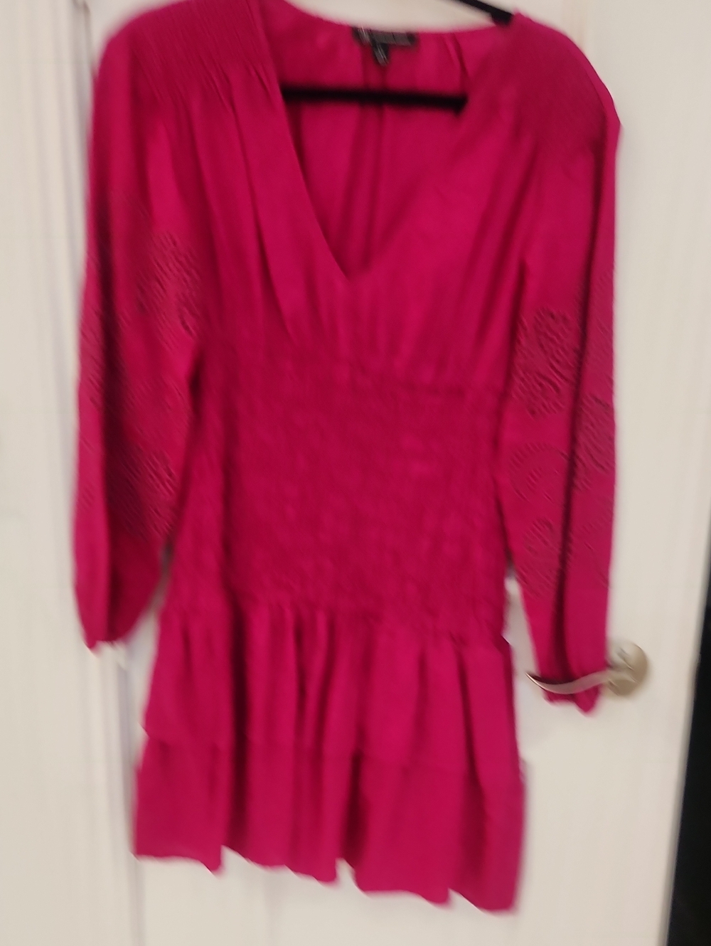 INC International Concepts Fuchsia Long-Sleeve V-Neck Tiered Dress